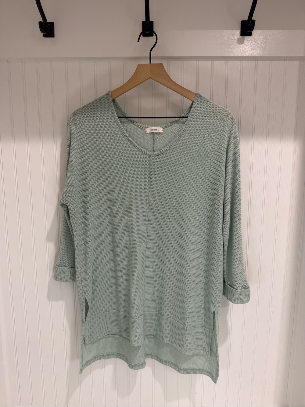 Cherish Sage Green Waffle Knit High Low Tunic Top